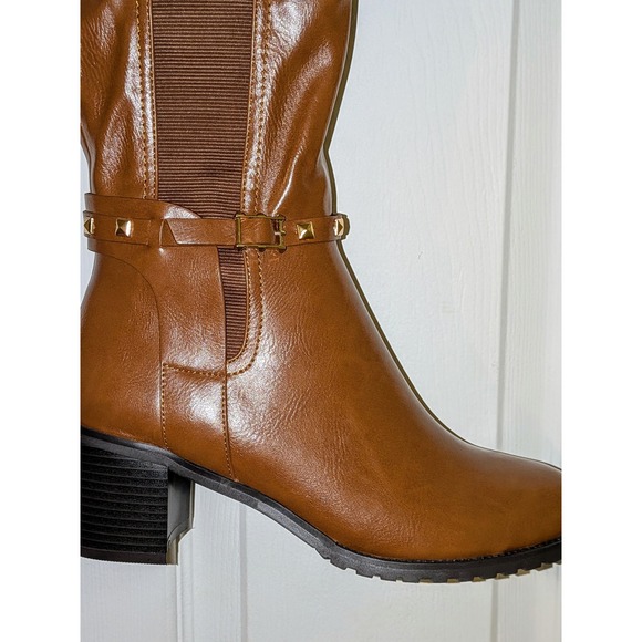TORGEIS Destiny Camel Riding Knee High Boots Studded Buckle Block Heel NEW - Picture 8 of 12